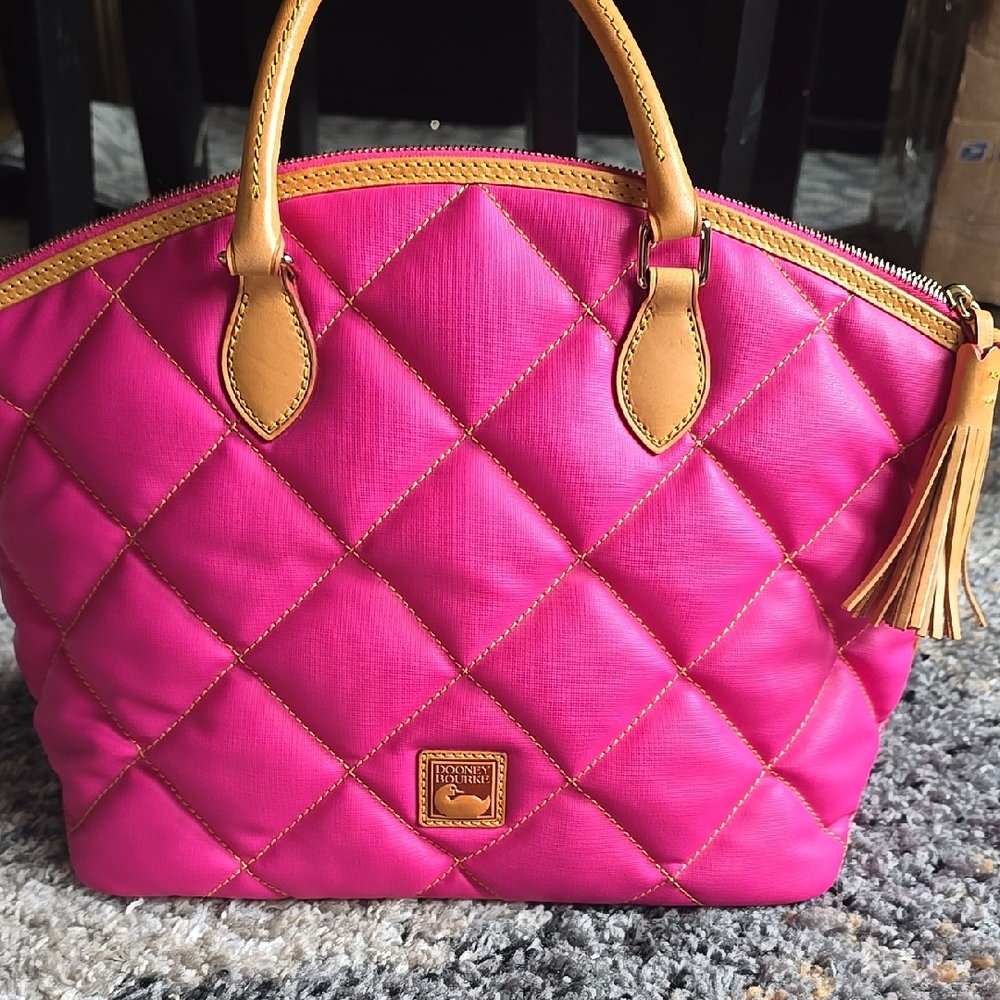 Dooney & Bourke Hot Pink Quilted Tote with Tan Trim